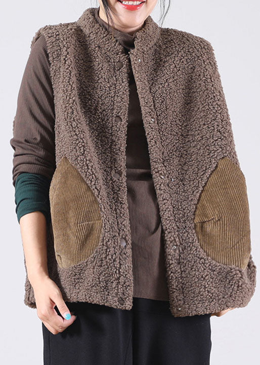 Italian Coffee Pockets Patchwork Faux Fur Sleeveless waistcoat