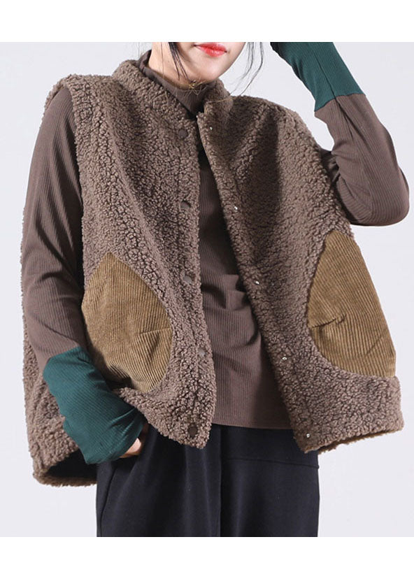 Italian Coffee Pockets Patchwork Faux Fur Sleeveless waistcoat