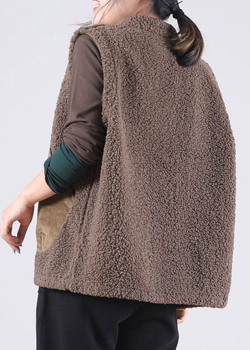 Italian Coffee Pockets Patchwork Faux Fur Sleeveless waistcoat