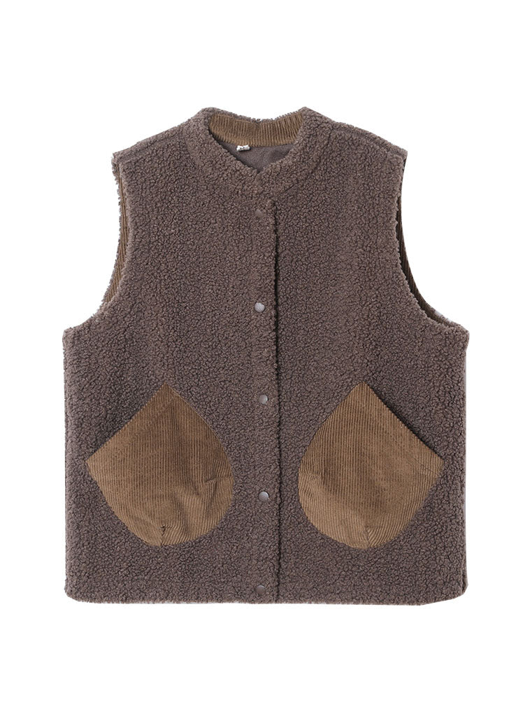 Italian Coffee Pockets Patchwork Faux Fur Sleeveless waistcoat