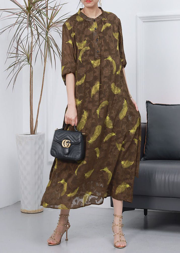 Italian Coffee Stand Collar Jacquard Patchwork Silk Dresses Spring
