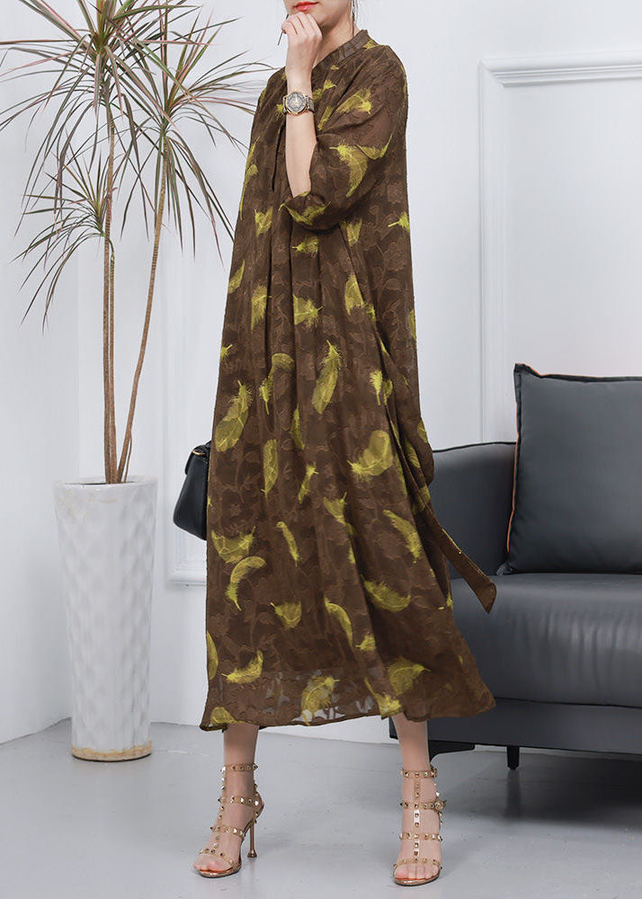 Italian Coffee Stand Collar Jacquard Patchwork Silk Dresses Spring
