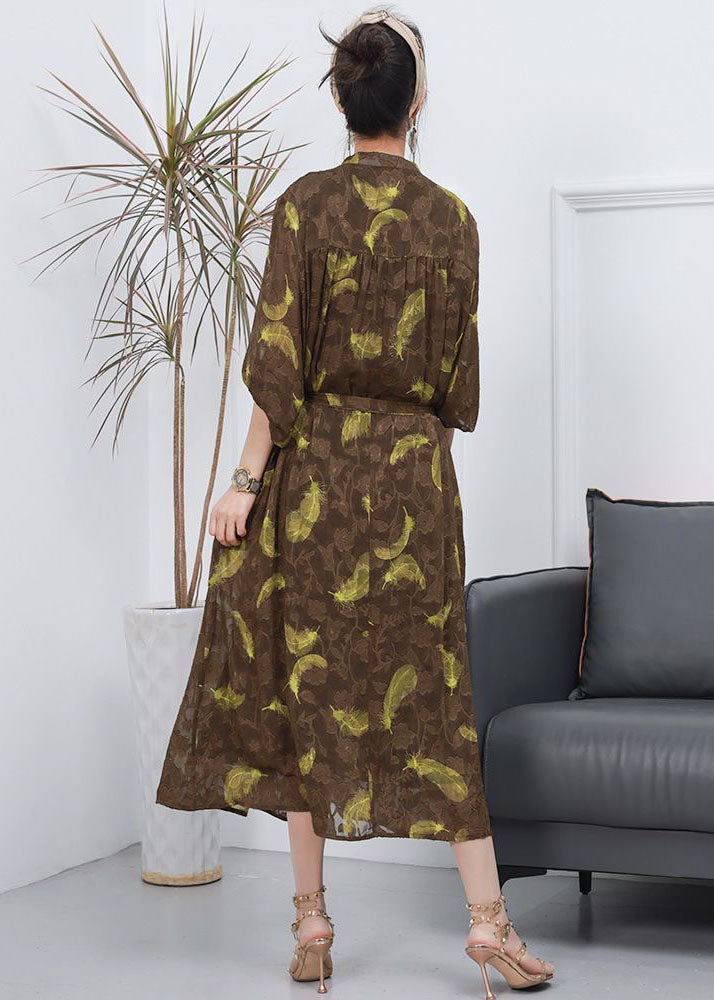 Italian Coffee Stand Collar Jacquard Patchwork Silk Dresses Spring