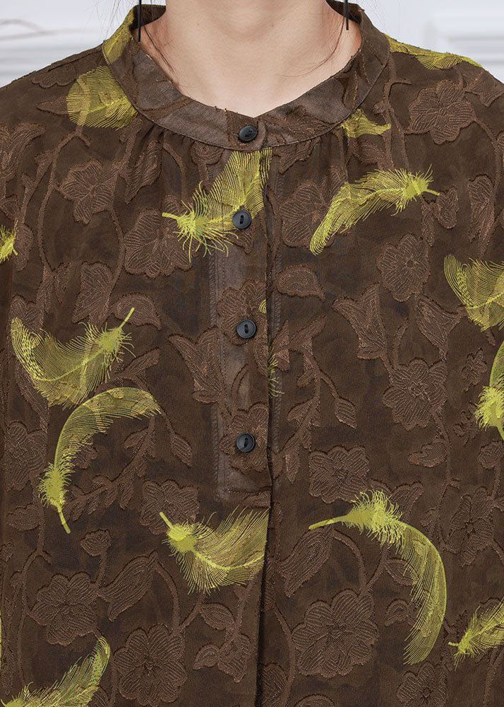 Italian Coffee Stand Collar Jacquard Patchwork Silk Dresses Spring