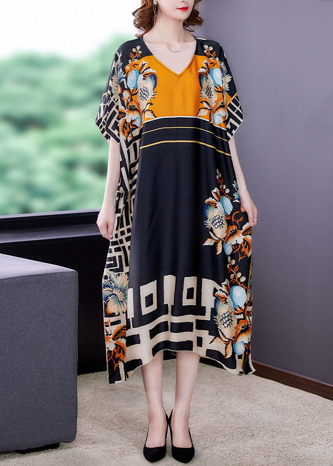 Italian Colorblock V Neck Print Patchwork Loose Silk Dresses Summer Omychic