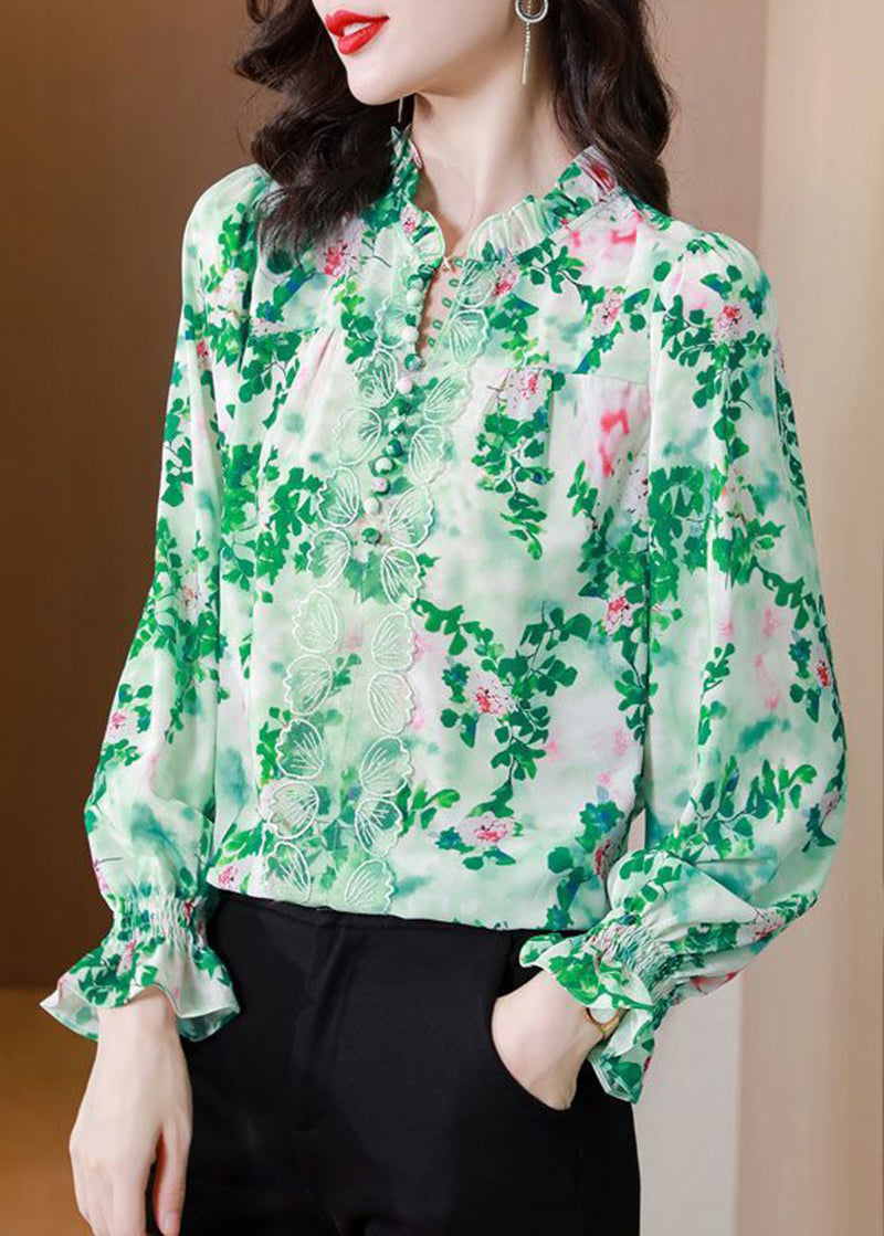Italian Green Ruffled Print Chiffon Shirt Top Spring