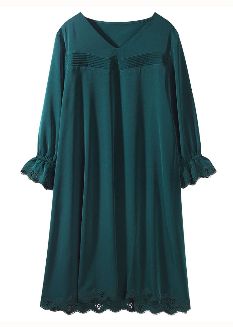 Italian Green V Neck Embroideried Patchwork Silk Dress Bracelet Sleeve