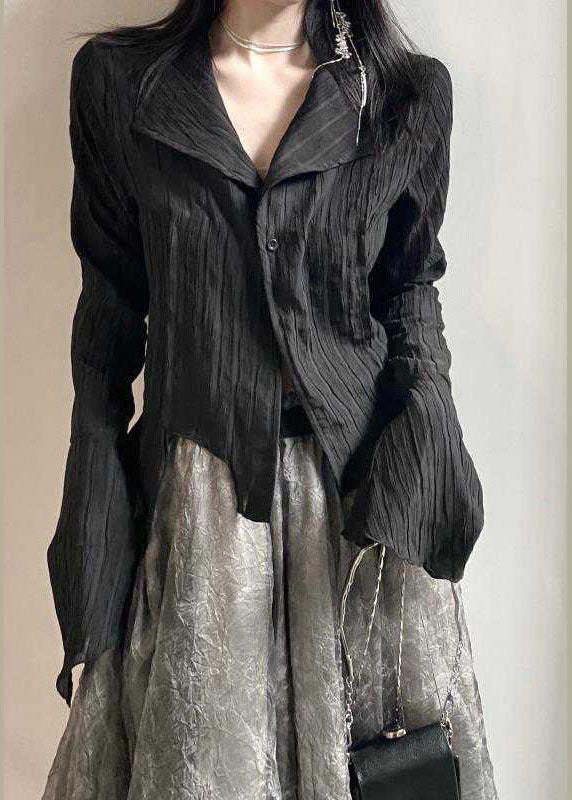 Italian black Peter Pan Collar asymmetrical design Shirt Top flare sleeve