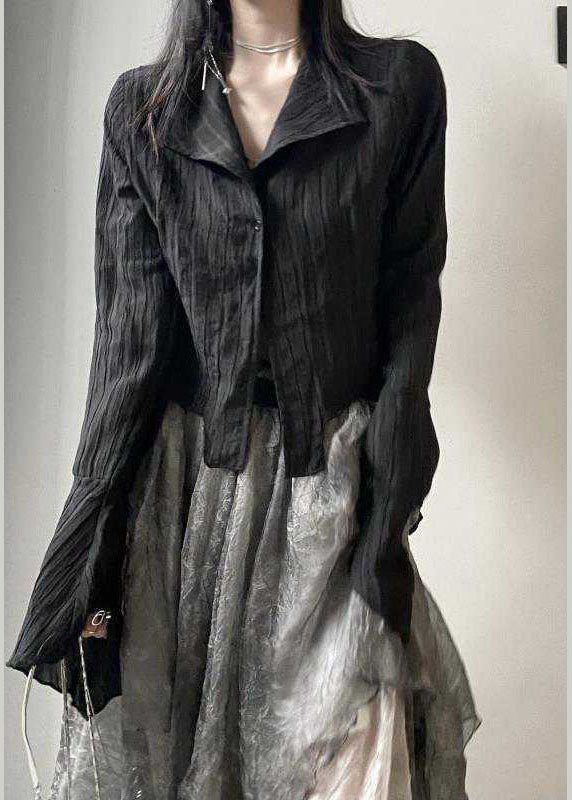 Italian black Peter Pan Collar asymmetrical design Shirt Top flare sleeve