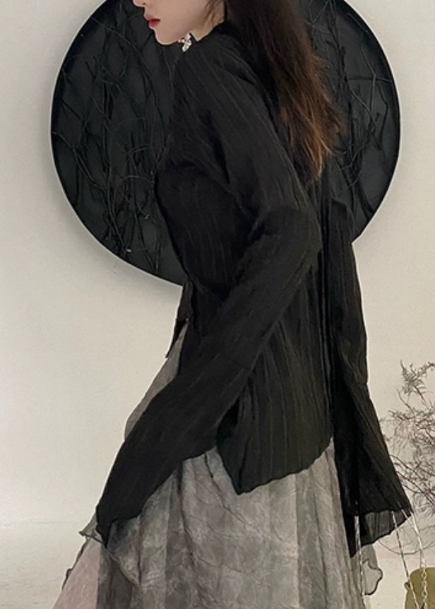Italian black Peter Pan Collar asymmetrical design Shirt Top flare sleeve