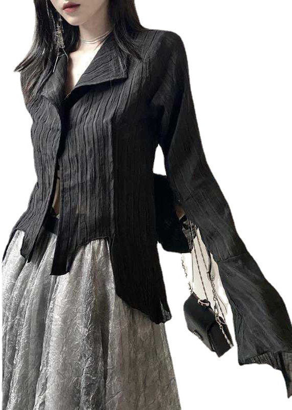 Italian black Peter Pan Collar asymmetrical design Shirt Top flare sleeve
