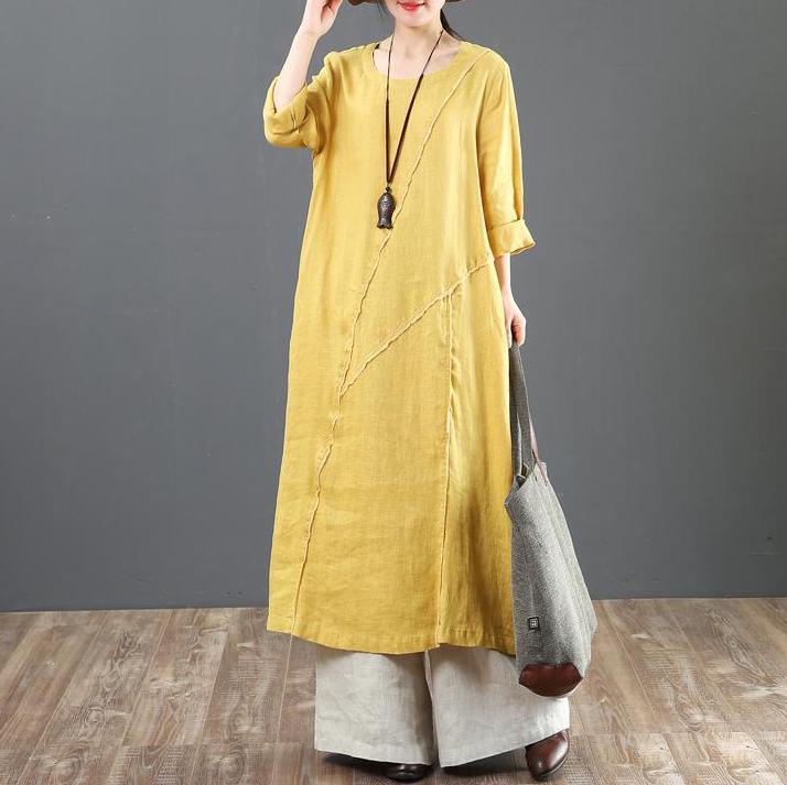 Italian Linen Dresses Fitted Casual Long Sleeve Yellow Spliced
