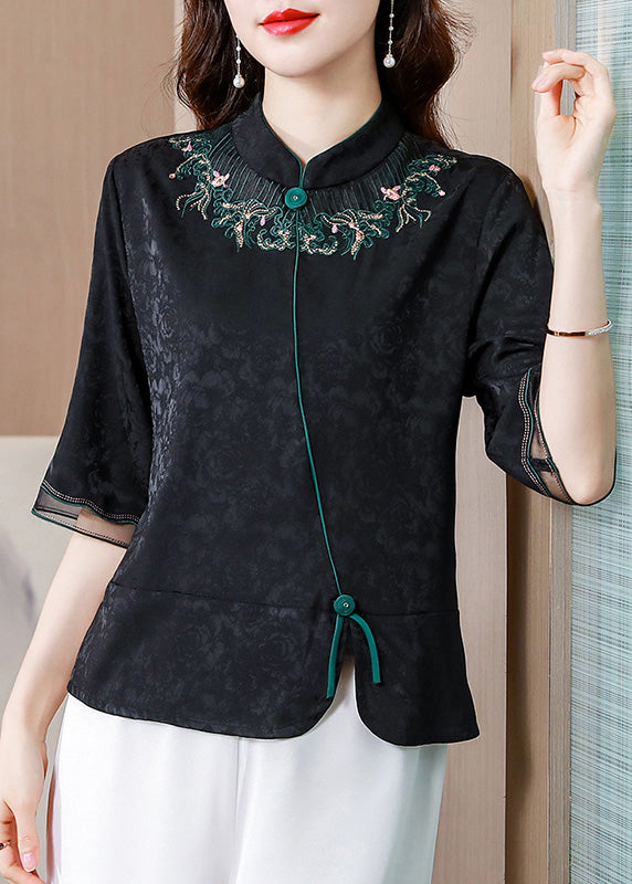 Jacquard Black Stand Collar Embroideried Button Silk Velour Top Half Sleeve