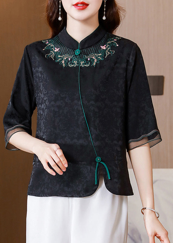 Jacquard Black Stand Collar Embroideried Button Silk Velour Top Half Sleeve