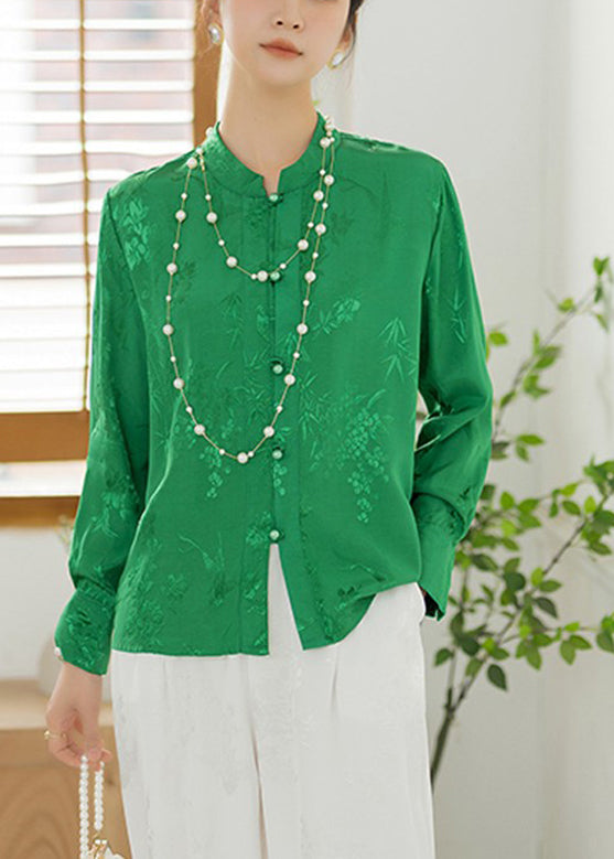 Jacquard Green Stand Collar Button Silk Shirt Long Sleeve