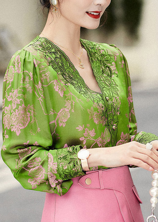 Jacquard Green V Neck Embroidered Button Silk Top Long Sleeve