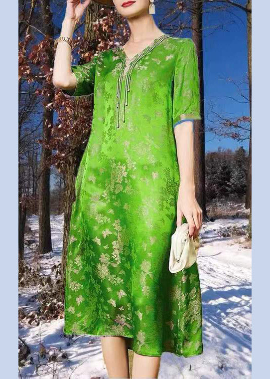 Jacquard Green V Neck Tassel Holiday Silk Long Dress Short Sleeve