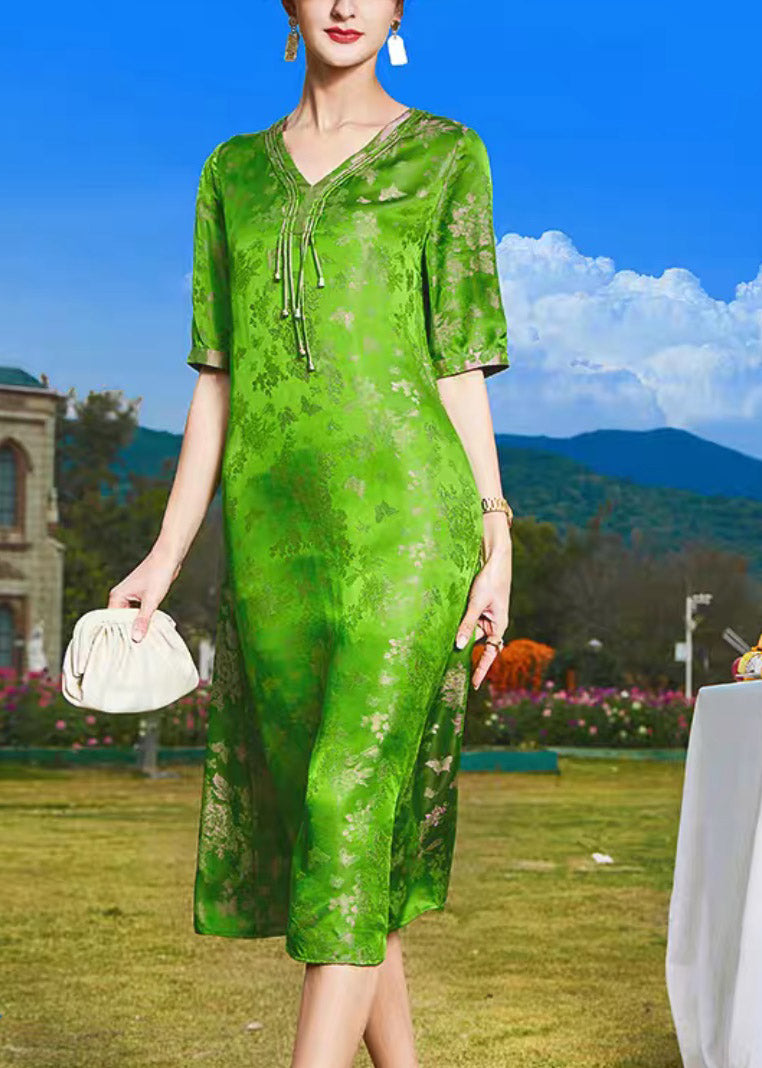 Jacquard Green V Neck Tassel Holiday Silk Long Dress Short Sleeve