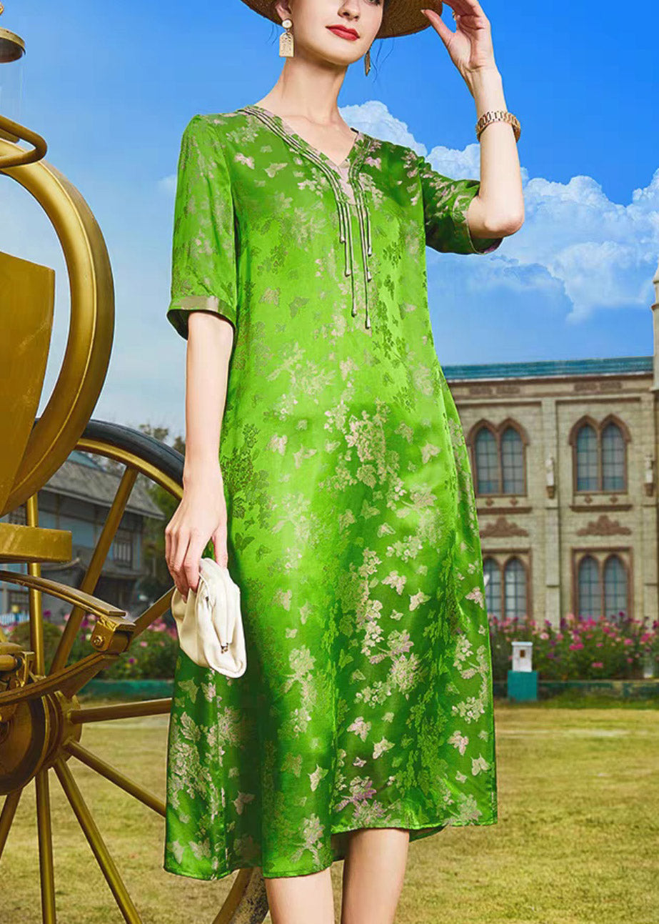 Jacquard Green V Neck Tassel Holiday Silk Long Dress Short Sleeve