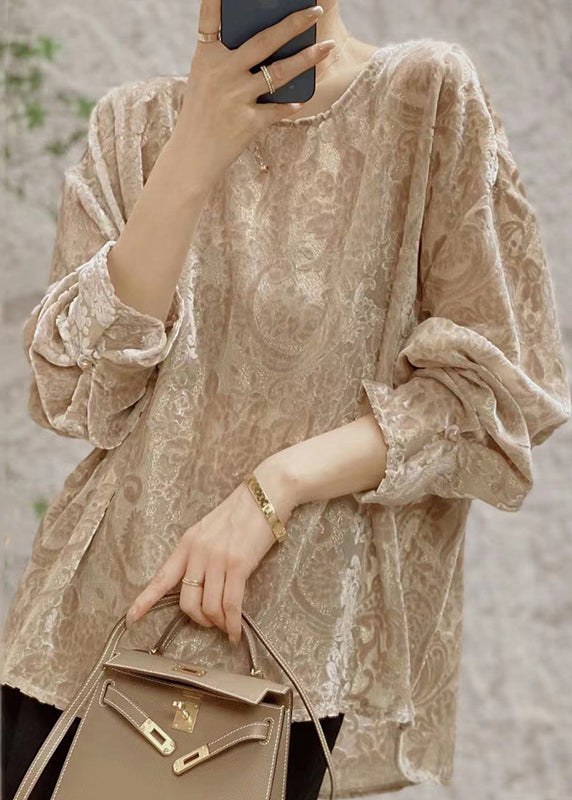 Jacquard Khaki O Neck Patchwork Silk Velour Shirt Fall