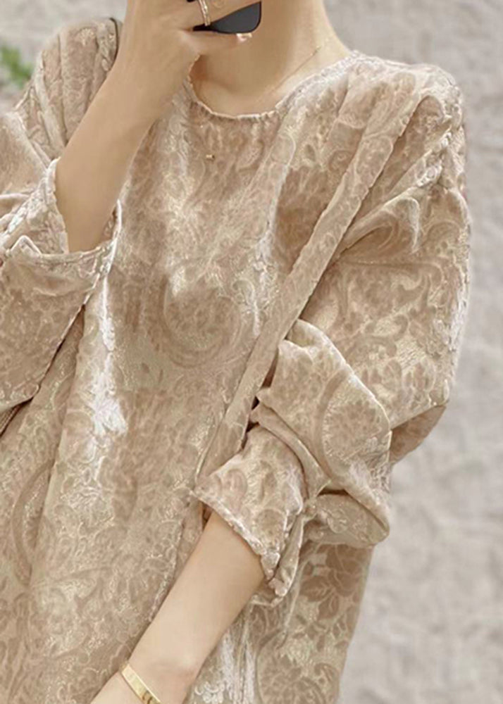 Jacquard Khaki O Neck Patchwork Silk Velour Shirt Fall