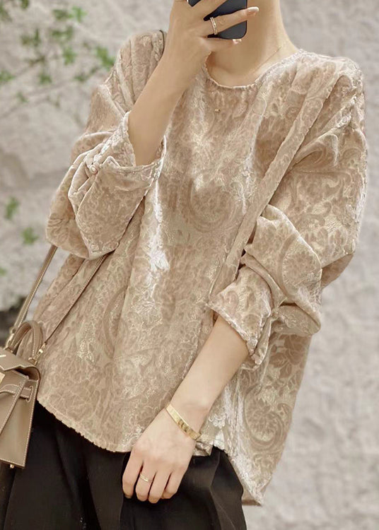Jacquard Khaki O Neck Patchwork Silk Velour Shirt Fall