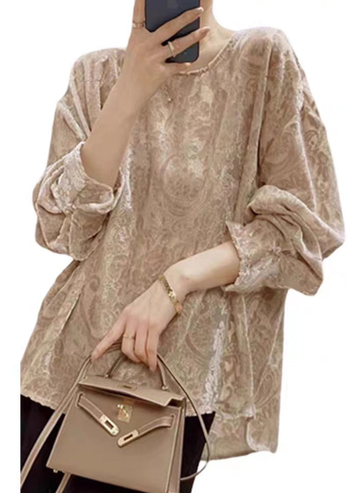 Jacquard Khaki O Neck Patchwork Silk Velour Shirt Fall