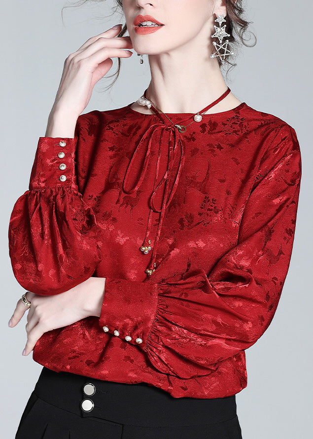 Jacquard Red O-Neck Neck Tie Silk Shirt Spring