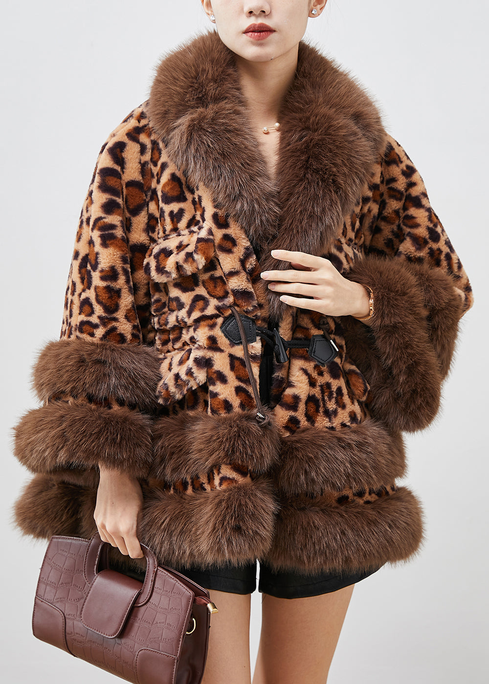 Leopard Print Faux Fur Coat Oversized Drawstring Winter