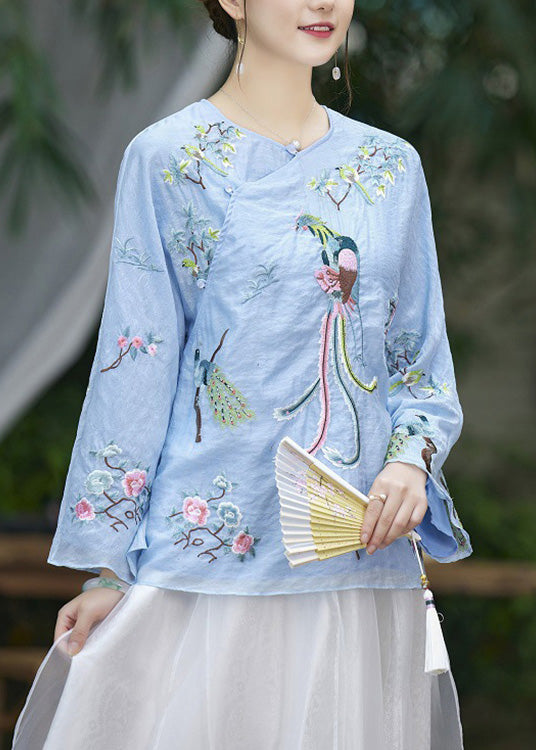Light Blue O-Neck Nail bead Silk Shirt Spring