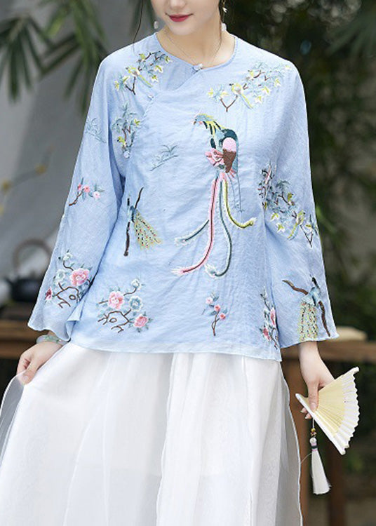 Light Blue O-Neck Nail bead Silk Shirt Spring