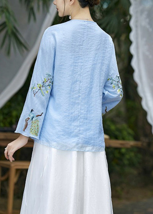 Light Blue O-Neck Nail bead Silk Shirt Spring