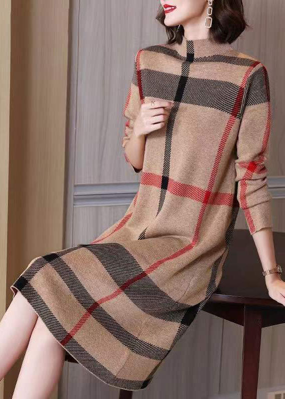 Light Camel Print Knit Sweater Dress High Neck Winter