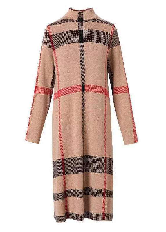 Light Camel Print Knit Sweater Dress High Neck Winter