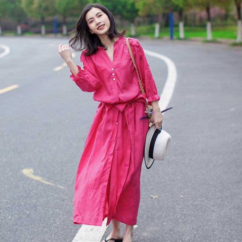 Linen Vintage Lace-Up Solid Women Dress - Omychic
