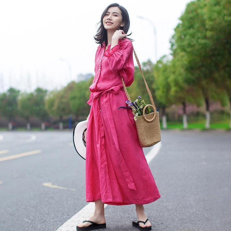 Linen Vintage Lace-Up Solid Women Dress - Omychic