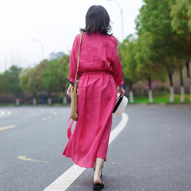 Linen Vintage Lace-Up Solid Women Dress - Omychic