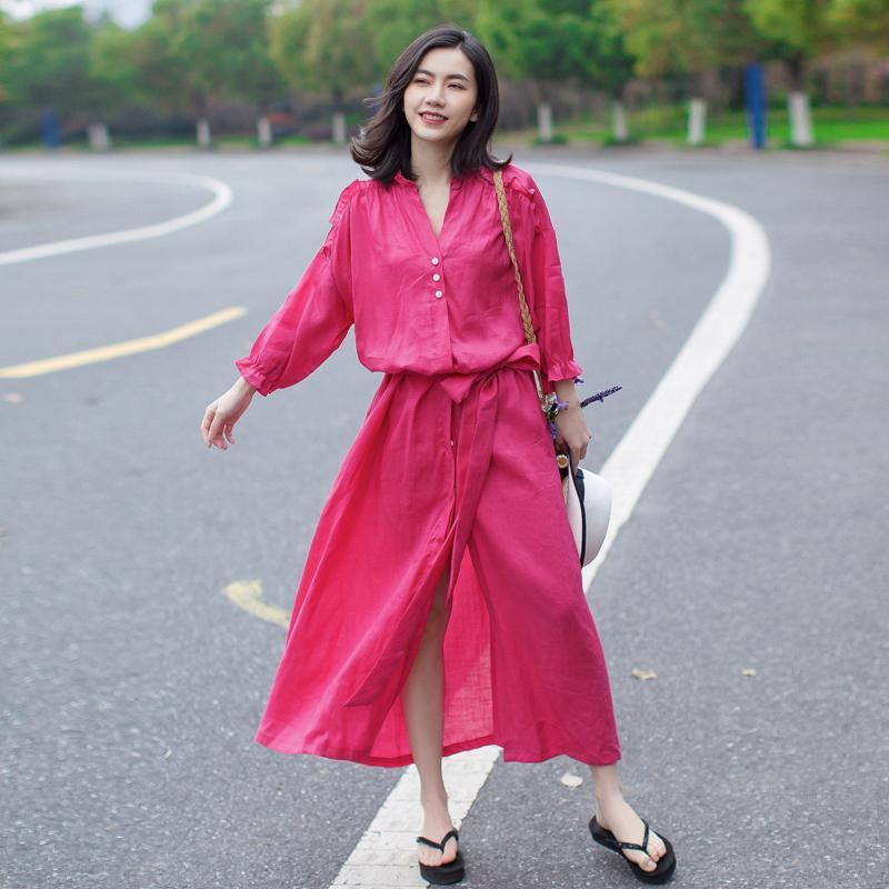 Linen Vintage Lace-Up Solid Women Dress - Omychic