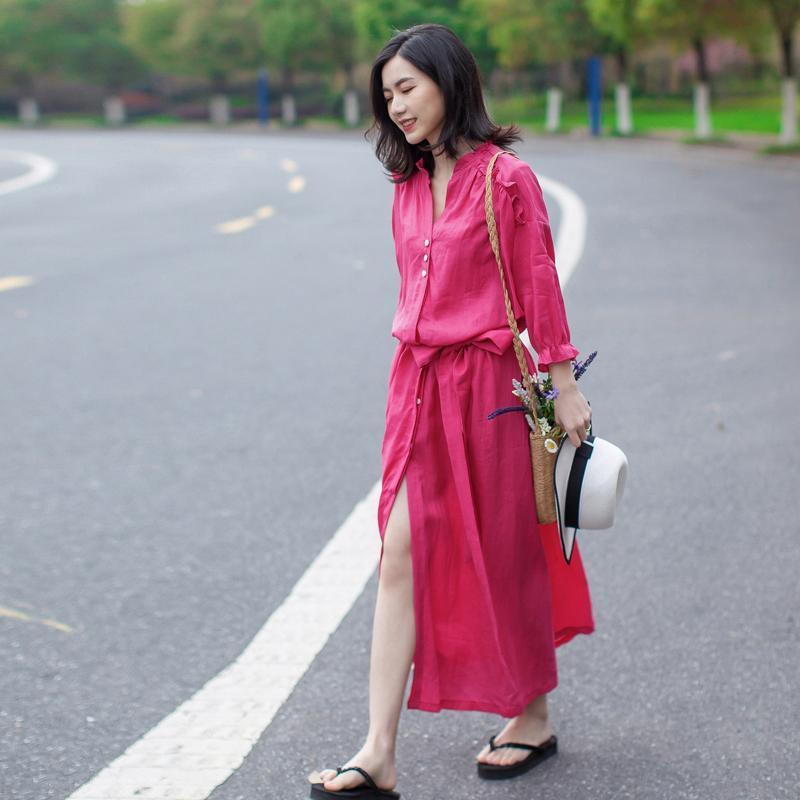 Linen Vintage Lace-Up Solid Women Dress - Omychic