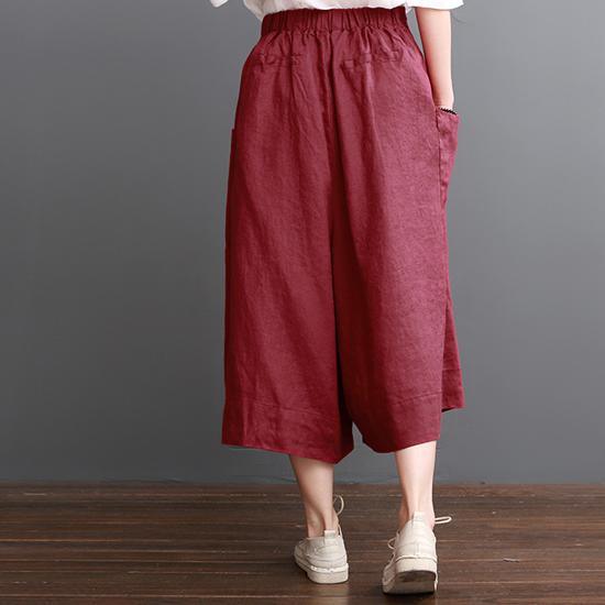 Linen pants summer red wide leg pants crop trousers - Omychic