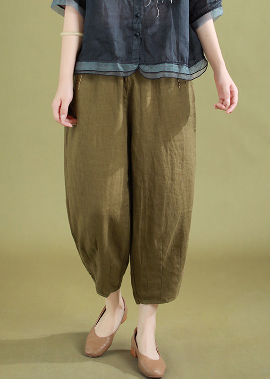 Loose Army Green Pockets High Waist Linen Crop Pants Summer