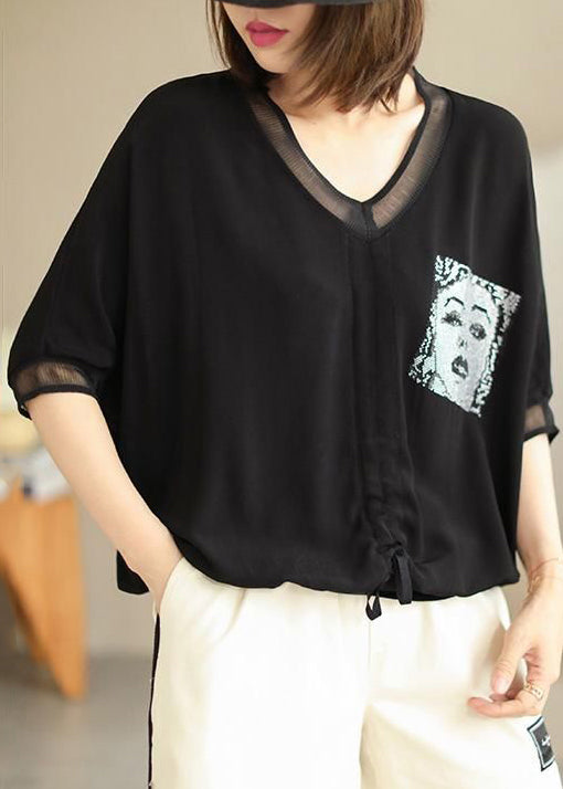 Loose Black V Neck Zircon Silk Cotton T Shirt Batwing Sleeve