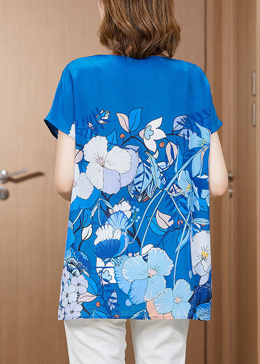 Loose Blue O-Neck Original Design Print Silk Tank Short Sleeve