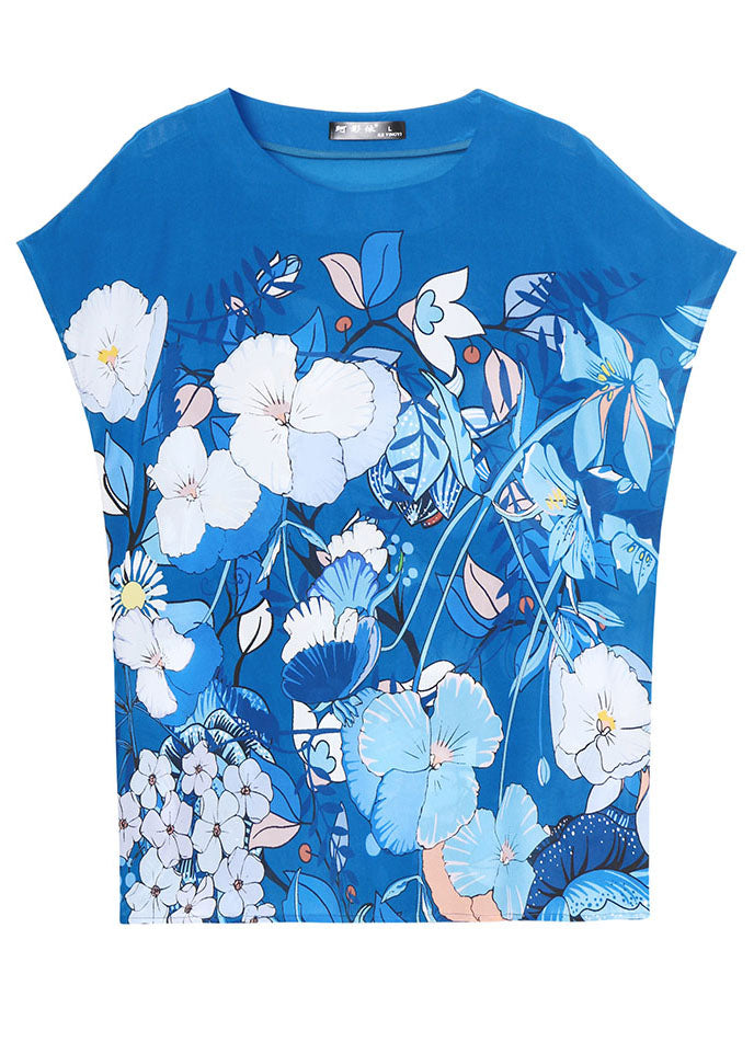Loose Blue O-Neck Original Design Print Silk Tank Short Sleeve