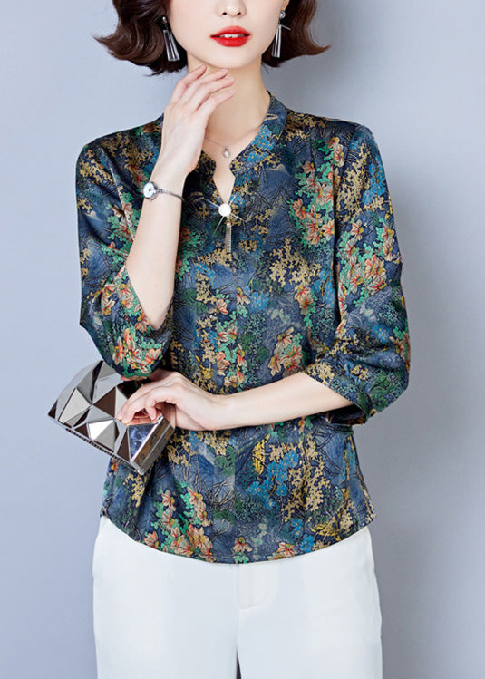Loose Blue V Neck Print Silk Shirt Spring
