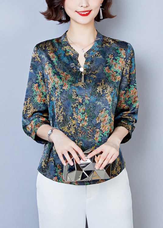 Loose Blue V Neck Print Silk Shirt Spring