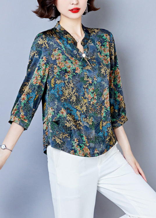 Loose Blue V Neck Print Silk Shirt Spring