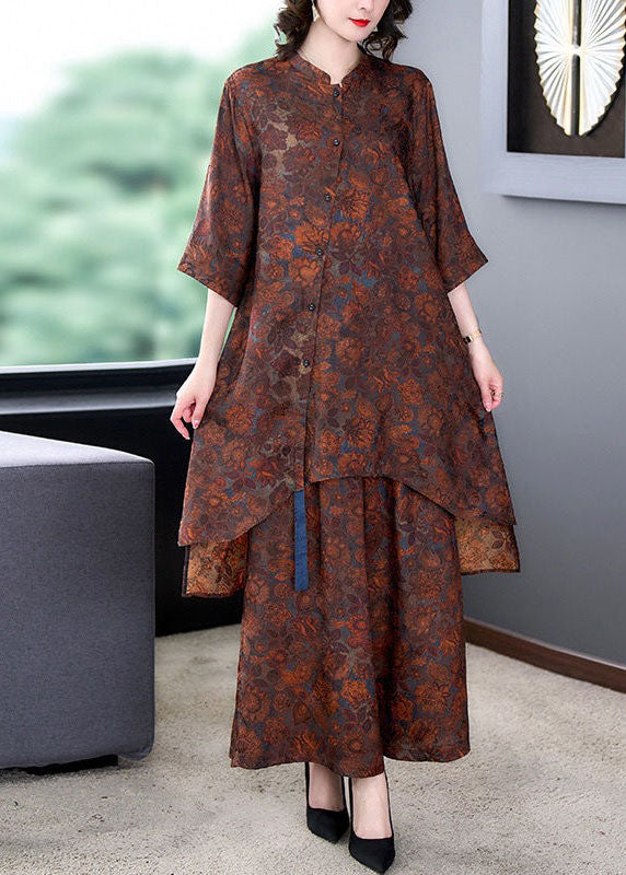 Loose Coffee Stand Collar Print Button Patchwork Silk Sets 2 Pieces Spring