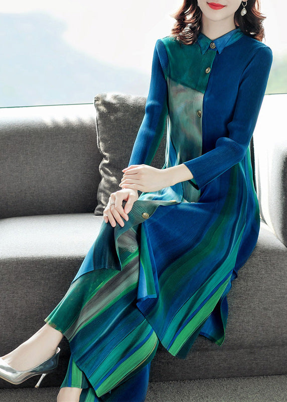 Loose Green Peter Pan Collar Striped Button Silk Shirts And Wide Leg Pants Two Piece Set Spring