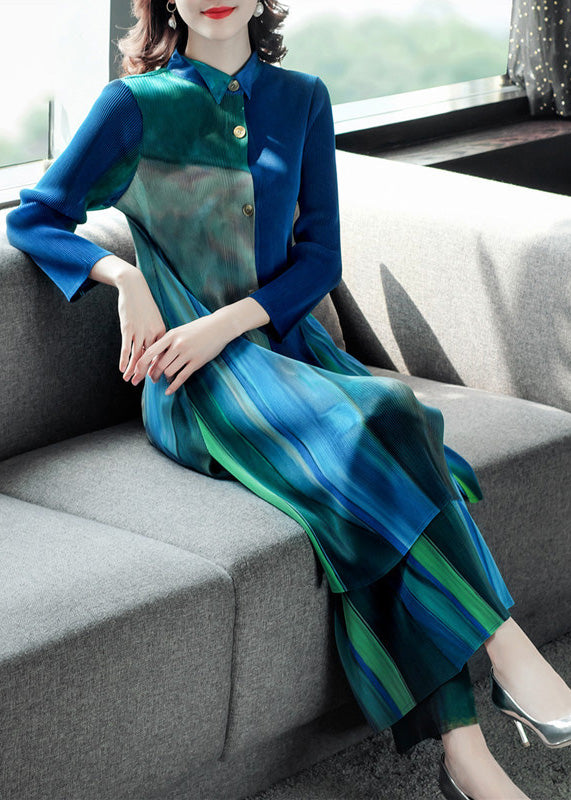 Loose Green Peter Pan Collar Striped Button Silk Shirts And Wide Leg Pants Two Piece Set Spring